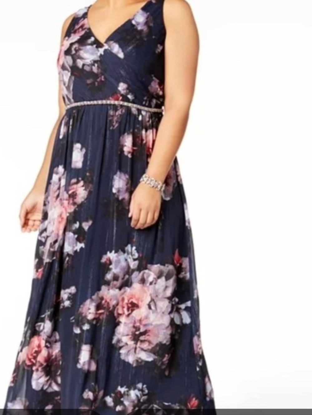 Candalite Petite PS Black Zip Floral Lined Beaded Belt Sless Women Maxi Dress